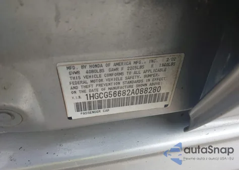 2002 Honda Accord 2.3 Ex from USA, damaged, VIN 1HGCG56682A088280